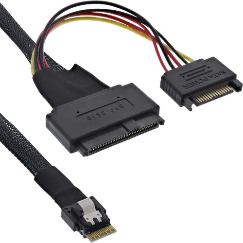 InLine Cavo Slim SAS SFF-8654 4i a U.2 SFF-8639 + Alimentazione SATA 24Gb/s, 0,5 m - Nero