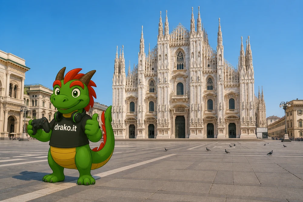 Negozio Drako.it di Milano &ndash; la mascotte Drako in Piazza Duomo